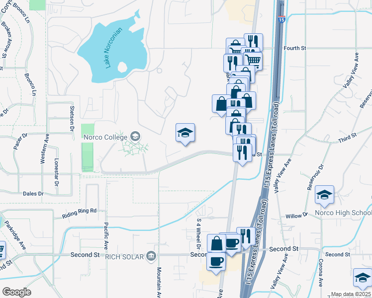 map of restaurants, bars, coffee shops, grocery stores, and more near 1951 3rd Street in Norco