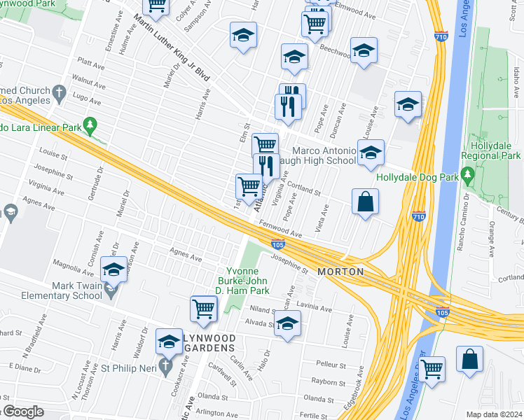 map of restaurants, bars, coffee shops, grocery stores, and more near 11688 Atlantic Avenue in Lynwood
