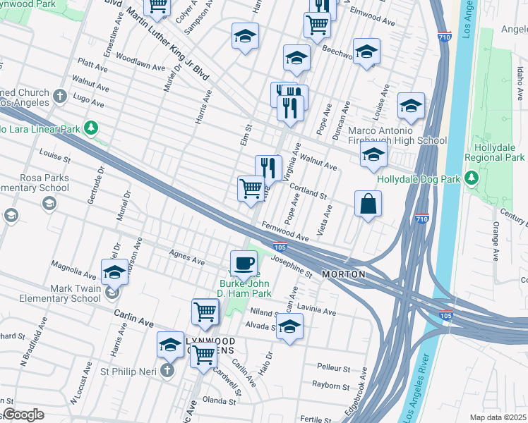 map of restaurants, bars, coffee shops, grocery stores, and more near 11688 Atlantic Avenue in Lynwood