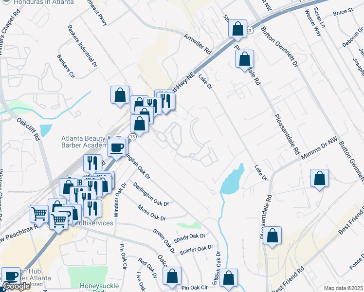 map of restaurants, bars, coffee shops, grocery stores, and more near 7168 Kingswood Run Drive in Atlanta