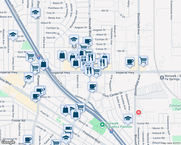 map of restaurants, bars, coffee shops, grocery stores, and more near 12737 Rosecrans Avenue in Norwalk