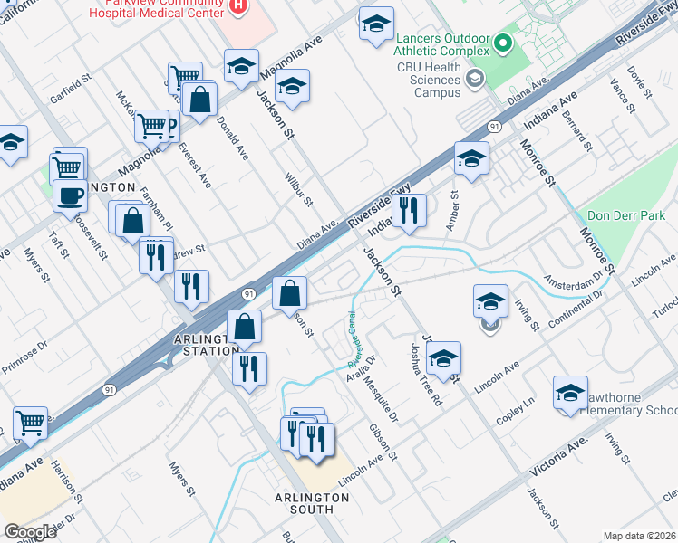 map of restaurants, bars, coffee shops, grocery stores, and more near 9213 Maywood Way in Riverside