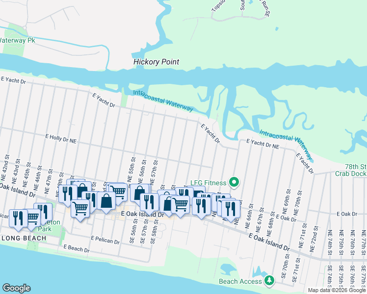 map of restaurants, bars, coffee shops, grocery stores, and more near 308 Northeast 59th Street in Oak Island