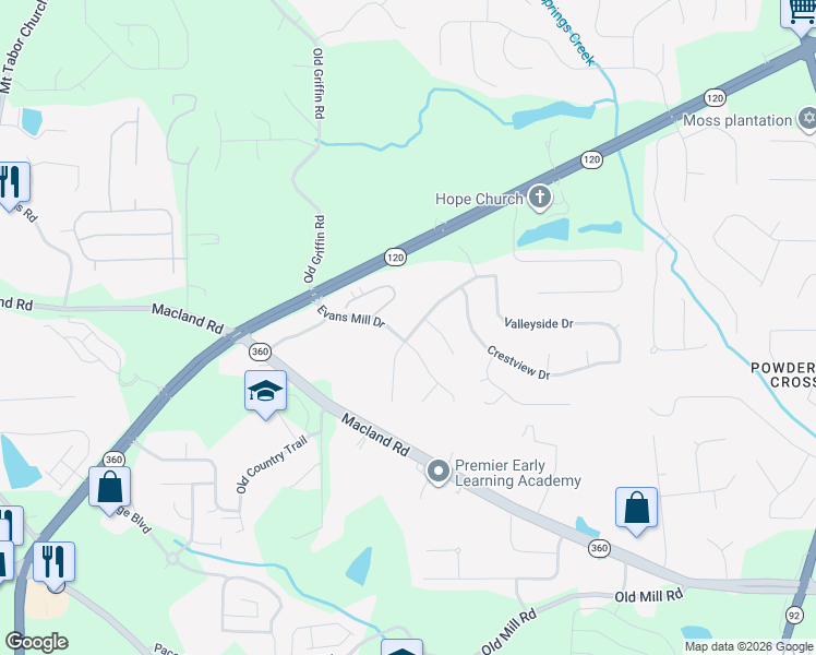 map of restaurants, bars, coffee shops, grocery stores, and more near 16 Valleyside Drive in Dallas