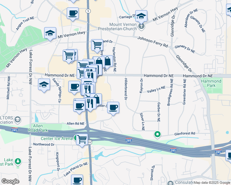 map of restaurants, bars, coffee shops, grocery stores, and more near 335 Hammond Drive in Sandy Springs
