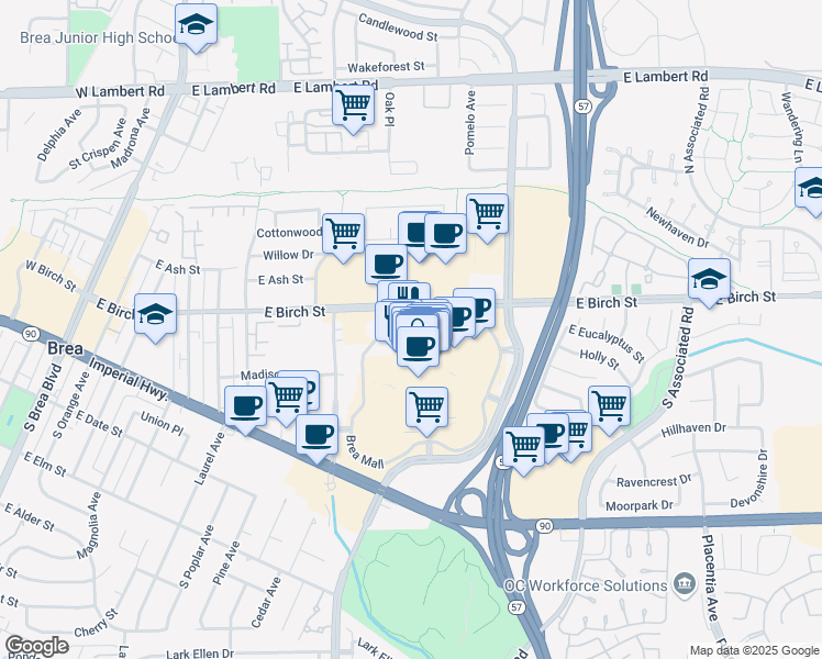 map of restaurants, bars, coffee shops, grocery stores, and more near 400 Brea Mall in Brea