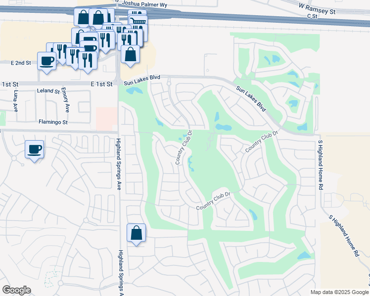 map of restaurants, bars, coffee shops, grocery stores, and more near 945 Laguna Seca Court in Banning