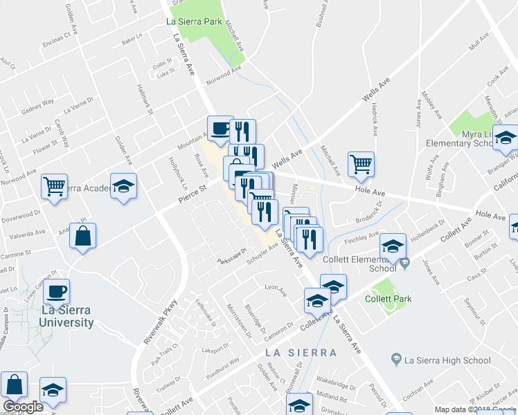 map of restaurants, bars, coffee shops, grocery stores, and more near 4740 La Sierra Avenue in Riverside