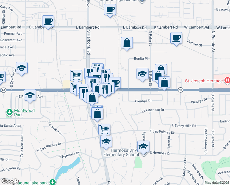 map of restaurants, bars, coffee shops, grocery stores, and more near 8802 3/4 Imperial Highway in Downey