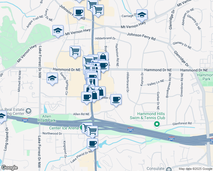 map of restaurants, bars, coffee shops, grocery stores, and more near 5925 Roswell Road Northeast in Sandy Springs