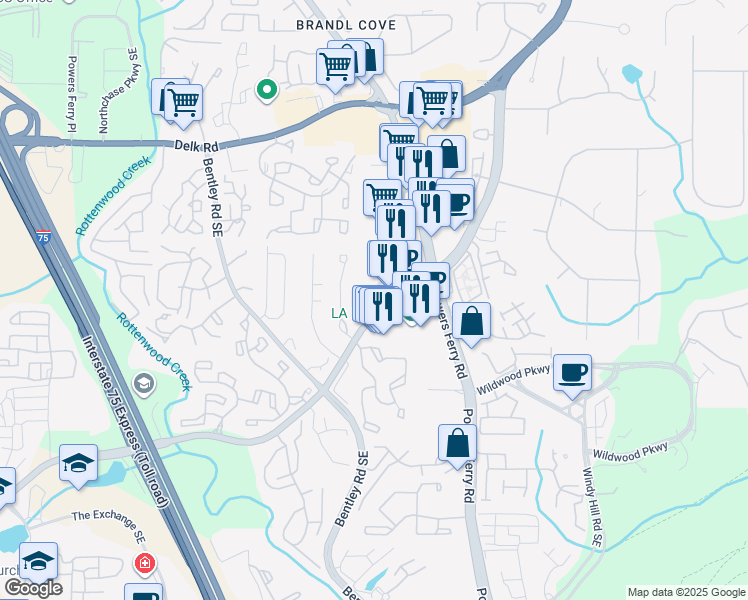 map of restaurants, bars, coffee shops, grocery stores, and more near 1486 Terrell Mill Road in Marietta