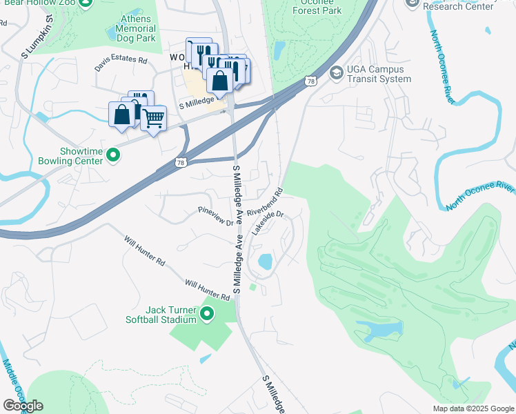 map of restaurants, bars, coffee shops, grocery stores, and more near 2975 Riverbend Road in Athens