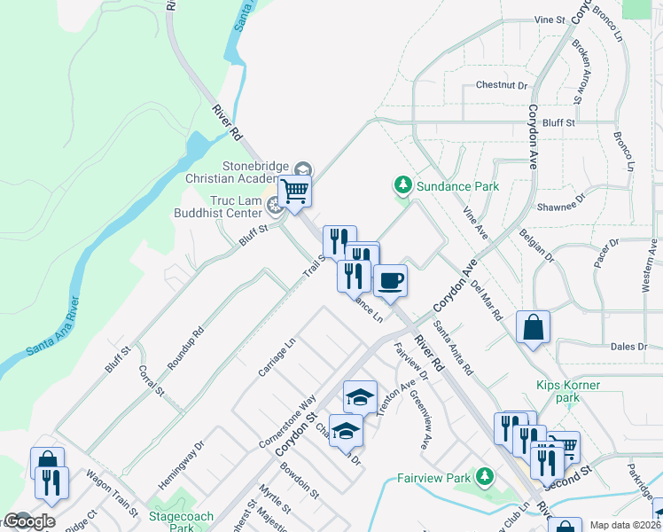 map of restaurants, bars, coffee shops, grocery stores, and more near 4349 Trail Street in Norco
