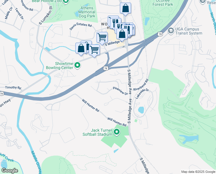 map of restaurants, bars, coffee shops, grocery stores, and more near 112 Pineview Court in Athens