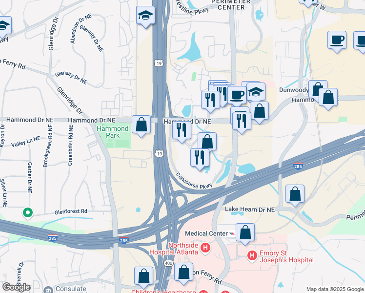 map of restaurants, bars, coffee shops, grocery stores, and more near 6 Concourse Parkway in Atlanta