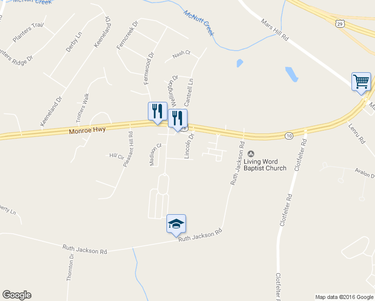 map of restaurants, bars, coffee shops, grocery stores, and more near 1579 Lincoln Drive in Watkinsville