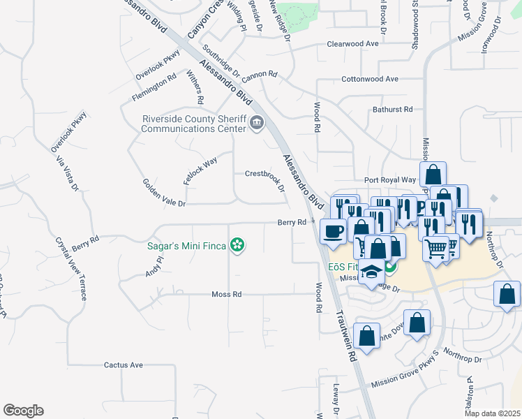 map of restaurants, bars, coffee shops, grocery stores, and more near 1042 Coronet Drive in Riverside