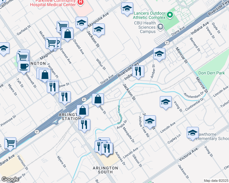 map of restaurants, bars, coffee shops, grocery stores, and more near 9213 Maywood Way in Riverside