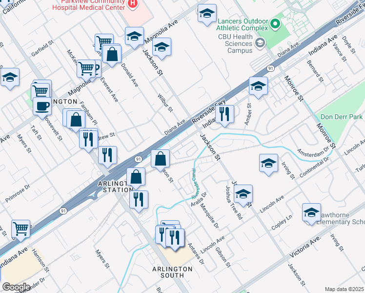map of restaurants, bars, coffee shops, grocery stores, and more near 9213 Maywood Way in Riverside