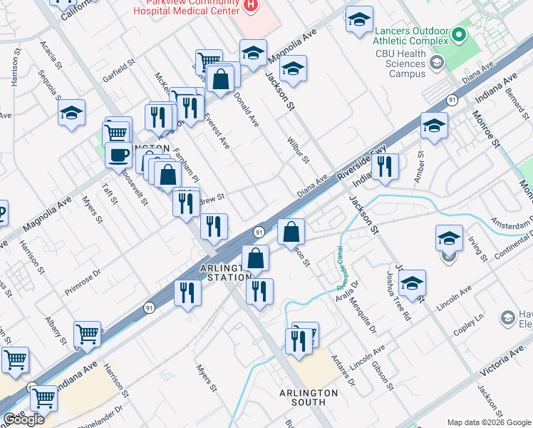 map of restaurants, bars, coffee shops, grocery stores, and more near 9354 Martha Way in Riverside