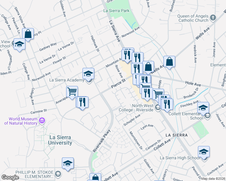 map of restaurants, bars, coffee shops, grocery stores, and more near 4820 Parkscape Drive in Riverside