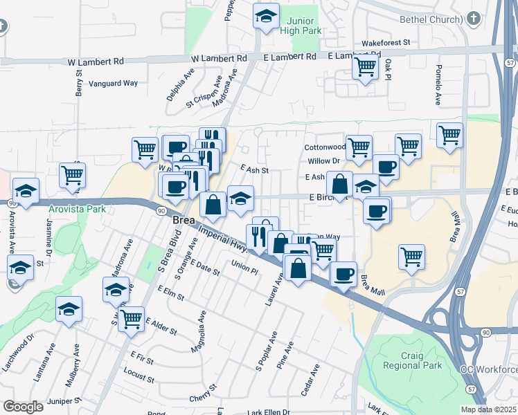 map of restaurants, bars, coffee shops, grocery stores, and more near 230 South Redwood Avenue in Brea