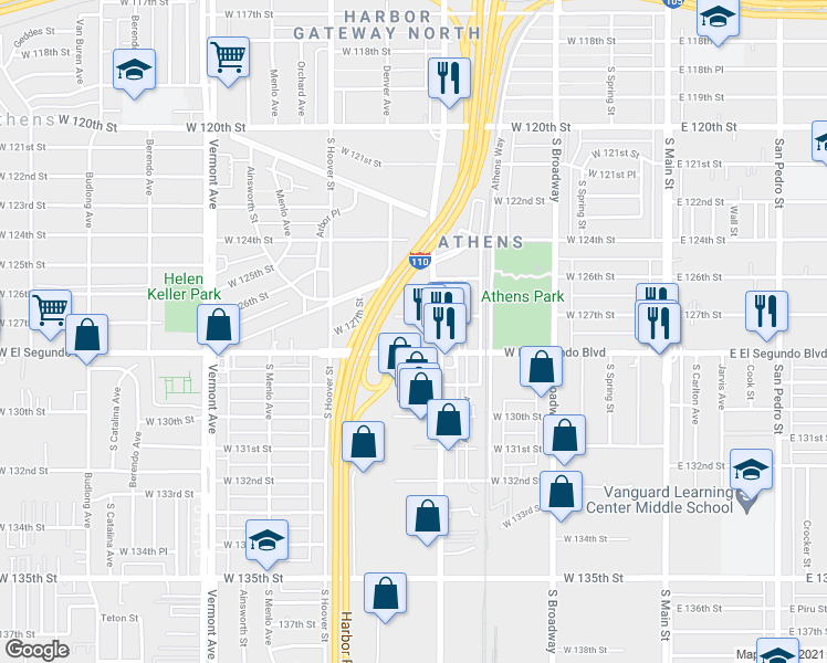 map of restaurants, bars, coffee shops, grocery stores, and more near 12811 South Figueroa Street in Los Angeles