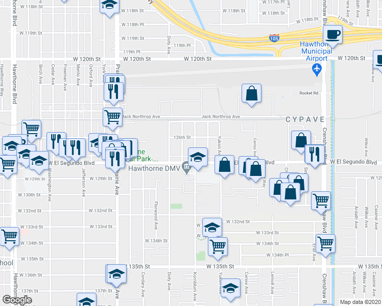 map of restaurants, bars, coffee shops, grocery stores, and more near 3721 West El Segundo Boulevard in Hawthorne