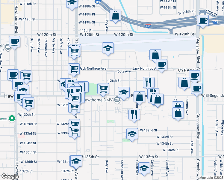 map of restaurants, bars, coffee shops, grocery stores, and more near in Hawthorne