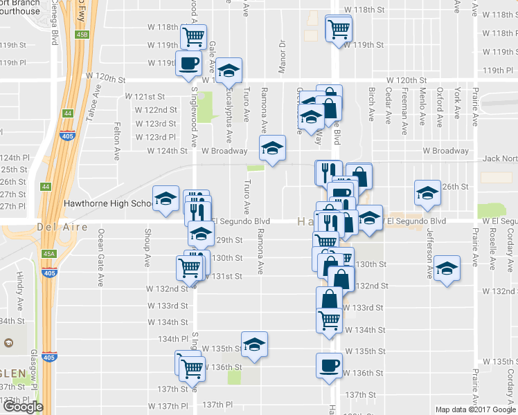 map of restaurants, bars, coffee shops, grocery stores, and more near 12721 Ramona Avenue in Hawthorne