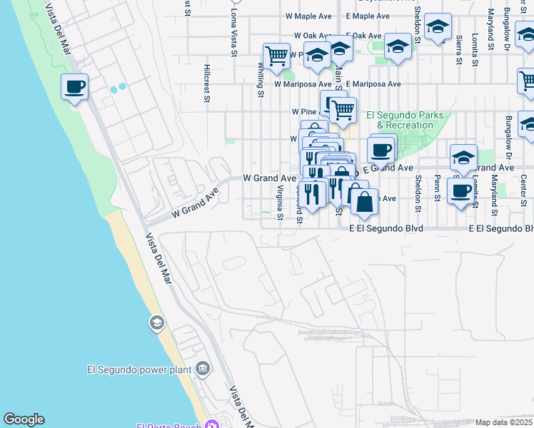 map of restaurants, bars, coffee shops, grocery stores, and more near 127 Binder Place in El Segundo