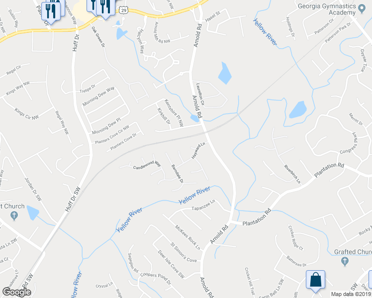 map of restaurants, bars, coffee shops, grocery stores, and more near 217 Farmville Court in Lawrenceville