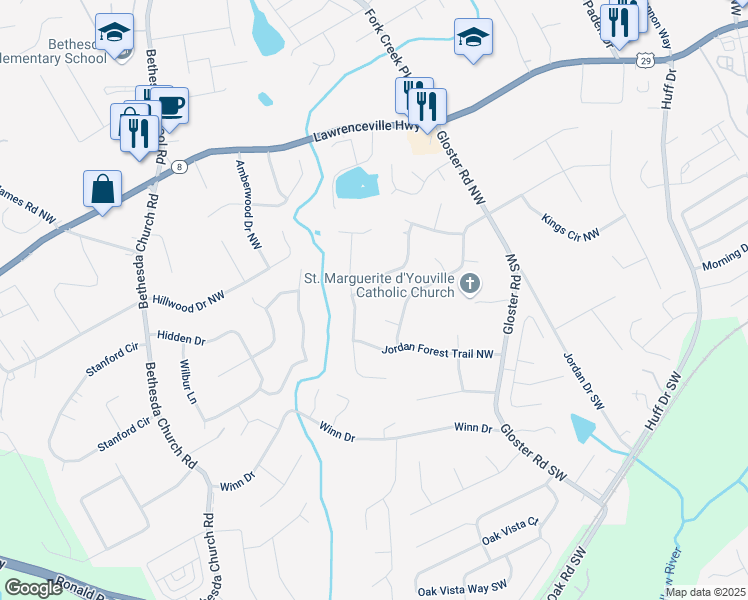 map of restaurants, bars, coffee shops, grocery stores, and more near 2926 Swarthmore Drive Northwest in Lawrenceville