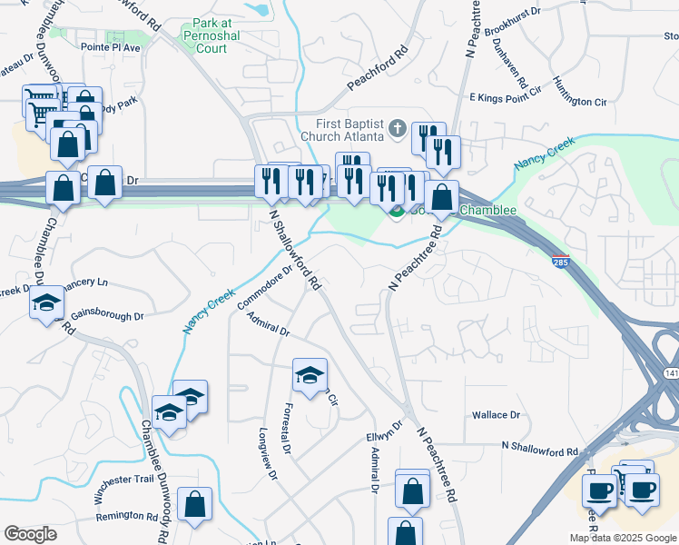 map of restaurants, bars, coffee shops, grocery stores, and more near 4211 North Shallowford Road in Chamblee