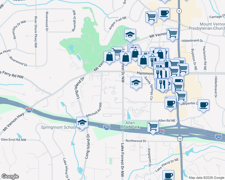 map of restaurants, bars, coffee shops, grocery stores, and more near 37 Ridgemere Trce in Atlanta