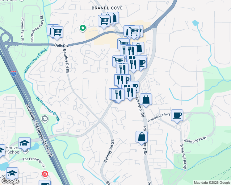 map of restaurants, bars, coffee shops, grocery stores, and more near 1486 Terrell Mill Road in Marietta