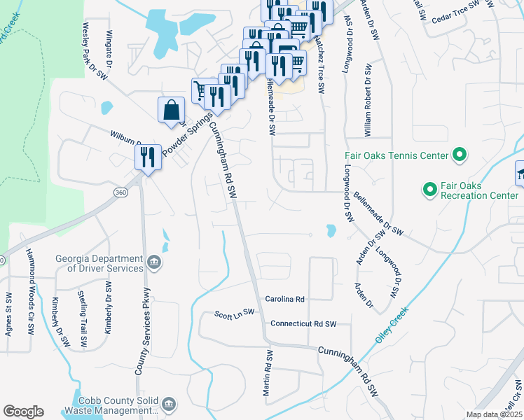map of restaurants, bars, coffee shops, grocery stores, and more near 710 Lowell Drive Southwest in Marietta