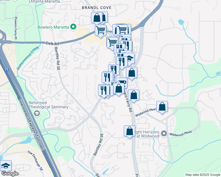 map of restaurants, bars, coffee shops, grocery stores, and more near Terrell Mill Rd SE in Marietta