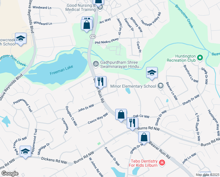 map of restaurants, bars, coffee shops, grocery stores, and more near 4348 Venus Drive Northwest in Lilburn
