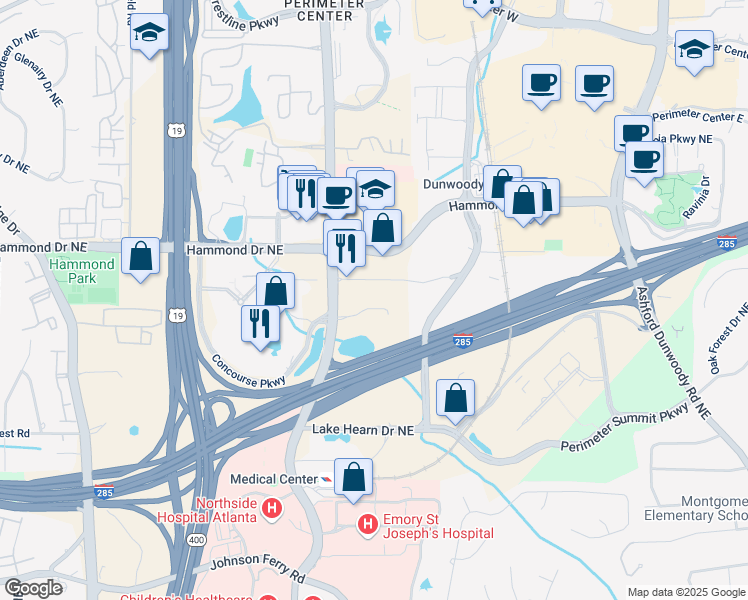 map of restaurants, bars, coffee shops, grocery stores, and more near 5909 Peachtree Dunwoody Road in Atlanta