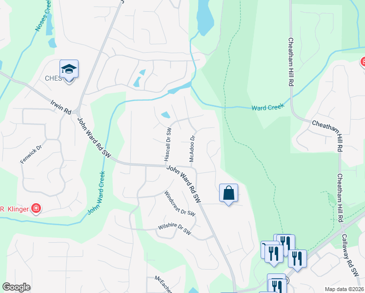map of restaurants, bars, coffee shops, grocery stores, and more near 1493 McAdoo Drive in Marietta