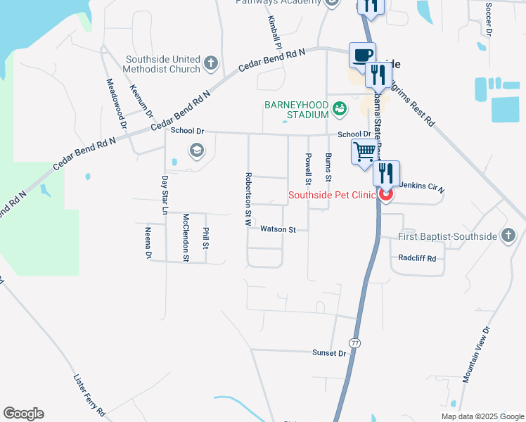 map of restaurants, bars, coffee shops, grocery stores, and more near 2593 Robertson Street West in Gadsden