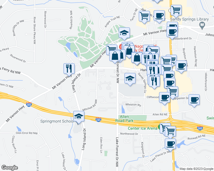 map of restaurants, bars, coffee shops, grocery stores, and more near 33 Ridgemere Trce in Atlanta