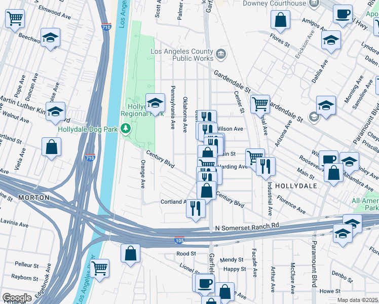 map of restaurants, bars, coffee shops, grocery stores, and more near 12026 Oklahoma Avenue in South Gate