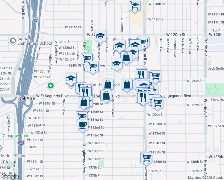 map of restaurants, bars, coffee shops, grocery stores, and more near 12715 Ramona Avenue in Hawthorne