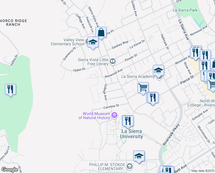 map of restaurants, bars, coffee shops, grocery stores, and more near 11680 Richmond Street in Riverside