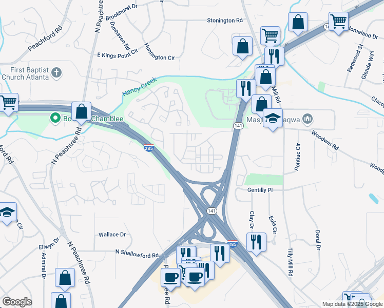 map of restaurants, bars, coffee shops, grocery stores, and more near 2701 Cedar Pine Way in Doraville
