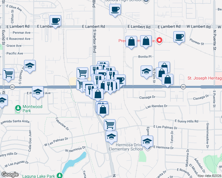 map of restaurants, bars, coffee shops, grocery stores, and more near 180 East Imperial Highway in Fullerton