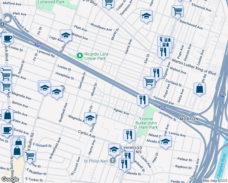 map of restaurants, bars, coffee shops, grocery stores, and more near 11751 4th Avenue in Lynwood