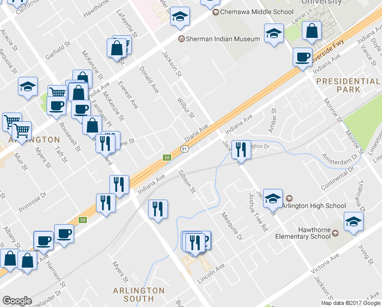 map of restaurants, bars, coffee shops, grocery stores, and more near 3418 Sidney Street in Riverside